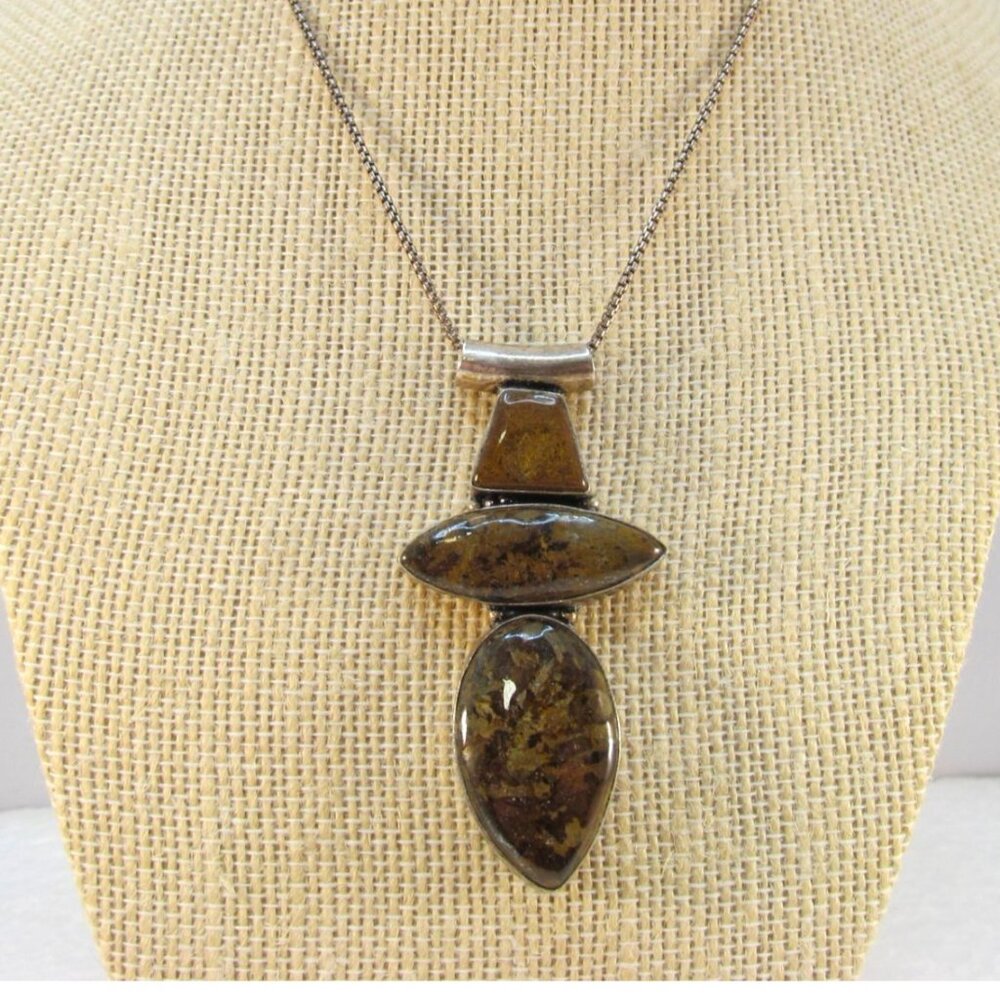 Triple Brown Jasper Stone Pendant Necklace with Silver Tone Chain Size 23.5